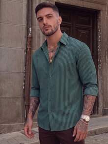 LOOKUN Men's Neutral Old Money Style Polo Collar Slim Fit Long Sleeve Shirt, Business Casual Commute Versatile Striped Shirt, Spring Summer - Navy Blue - View 4