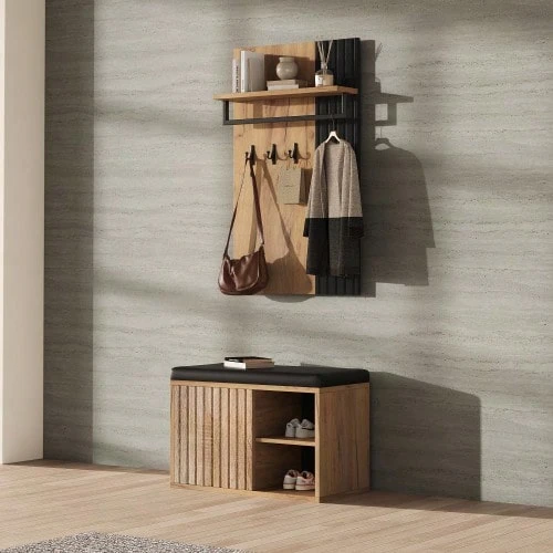 Shoe Bench, Hallway Furniture, 2-Door Shoe Cabinet With Back Panel And 3 Hooks, Black And Natural; Dimensions: W70/D36/H146cm (W*D*H) - Natural+Black + Particle Board - View 1