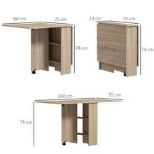Folding Dining Table, Drop Leaf Table Small Spaces With 2-Tier Shelves, Small Kitchen Table With Rolling Casters, Natural - Natural Wood + Particle Board - View 3