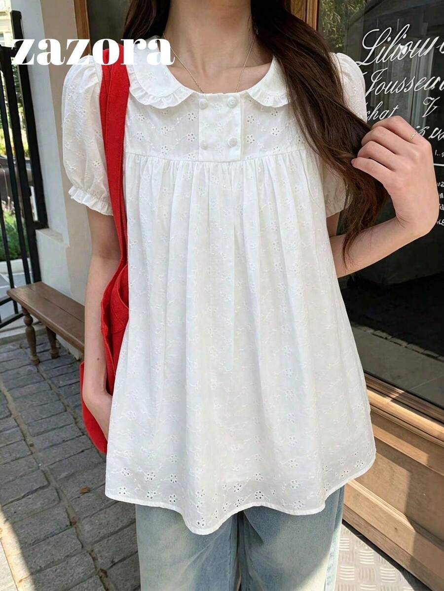甜美彼得潘領鏤空刺繡內裡短袖女版襯衫 夏季服飾 白色 - 白色 - 查看 1