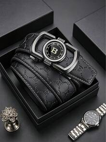 1pc Personalized Design Zinc Alloy Letter Automatic Buckle Leather Belt, Men's Business Elite Style, Minimalist Versatile Waist Belt - Multicolor - View 7