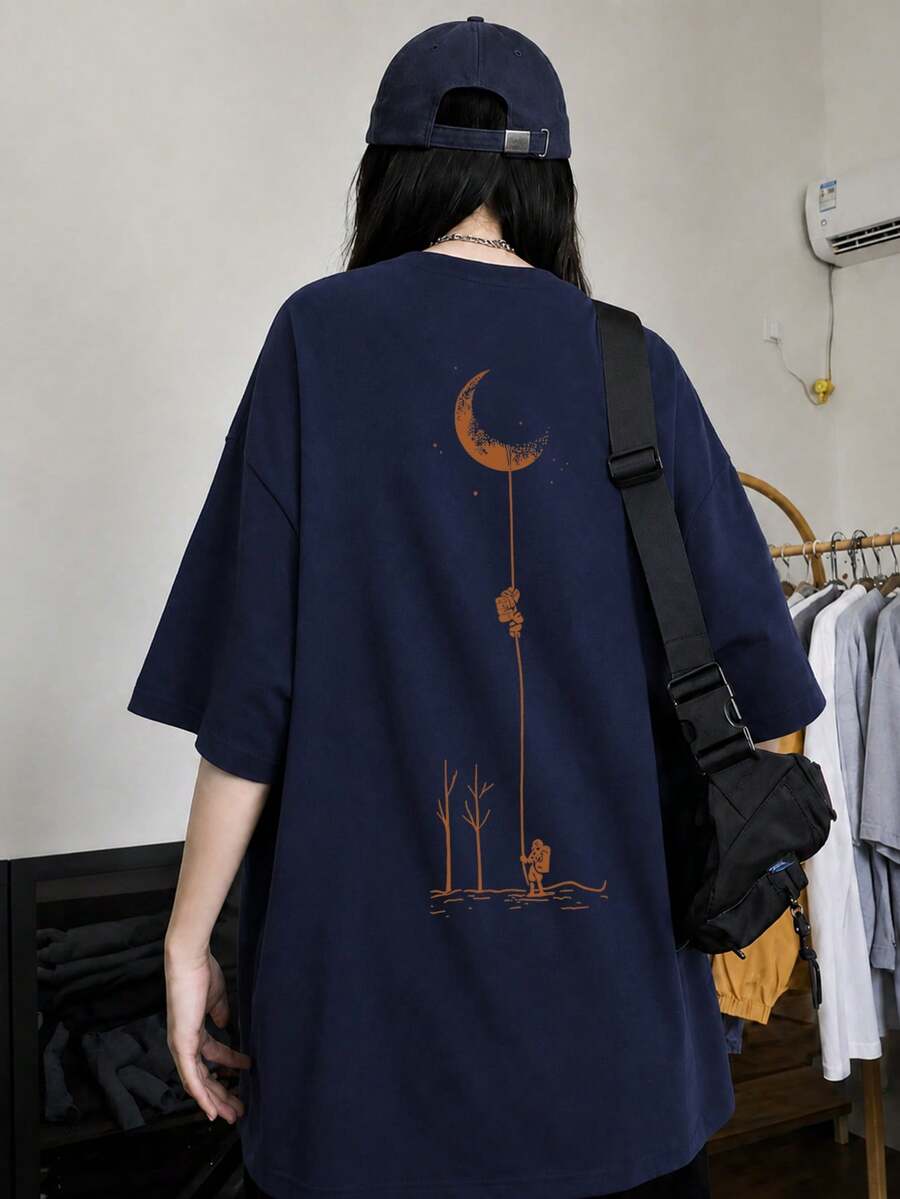 女款時尚夏季寬鬆卡通印花短袖T恤休閒風 - 深藍 - 查看 1