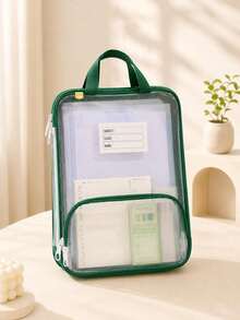 1Pc Cute Back‑To‑School Transparent Document Bag, Solid Color Edge Binding With Label Pocket, Zipper File Pouch With Portable Handle, Multi‑Layer Clear PVC File Organizer, Perfect For A4 Papers, Homework And School Supplies, Practical Storage Pouch - Multicolor - View 3