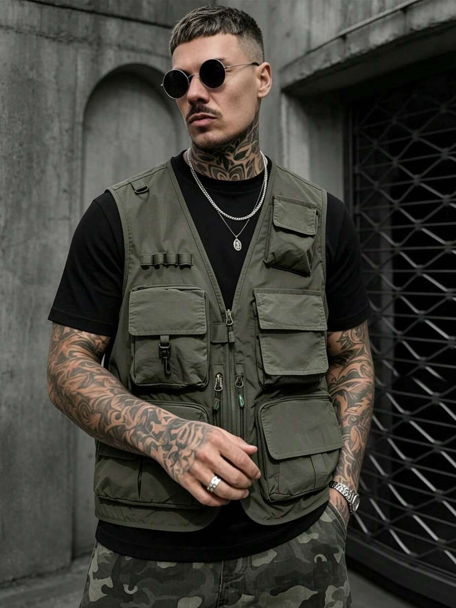 Men's Spring/Autumn Lightweight Outdoor Workwear Multi-Pocket Tactical Vest Jacket - Army Green - View 1