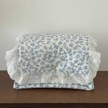 Cream White Base Blue Floral Quilted Storage Basket, Available In Multiple Sizes, Lace Ruffle Flap Design, Fabric Organizer Bin For Vanity Cosmetics - View 12