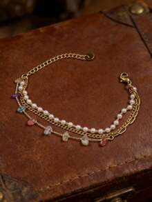 rundraw Multi-Layer Copper Bracelet, Decorated With Artificial Pearls And Colorful Gemstones, A Fashionable And Versatile Multi-Functional Accessory. - Multicolor - View 3