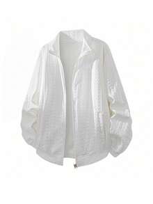1pc Men's Jacket, 3D Cable Knit Texture, Stand Collar Full Zip Front, Ribbed Cuffs And Hem, Soft Lightweight Knit Fabric, Soft Yet Structured, Resistant To Deformation, Old Money Minimalist Casual Style, Suitable For Spring/Autumn Commute, Shopping, Travel - White - View 5