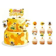 7pcs Bee & Daisy Happy Birthday Cake Toppers, DIY Bee Cupcake Decorations, Suitable For Bee Theme Birthday Party, Baptism Party, Gender Reveal Party And Anniversary Party Cake Decoration - Multicolor - View 1