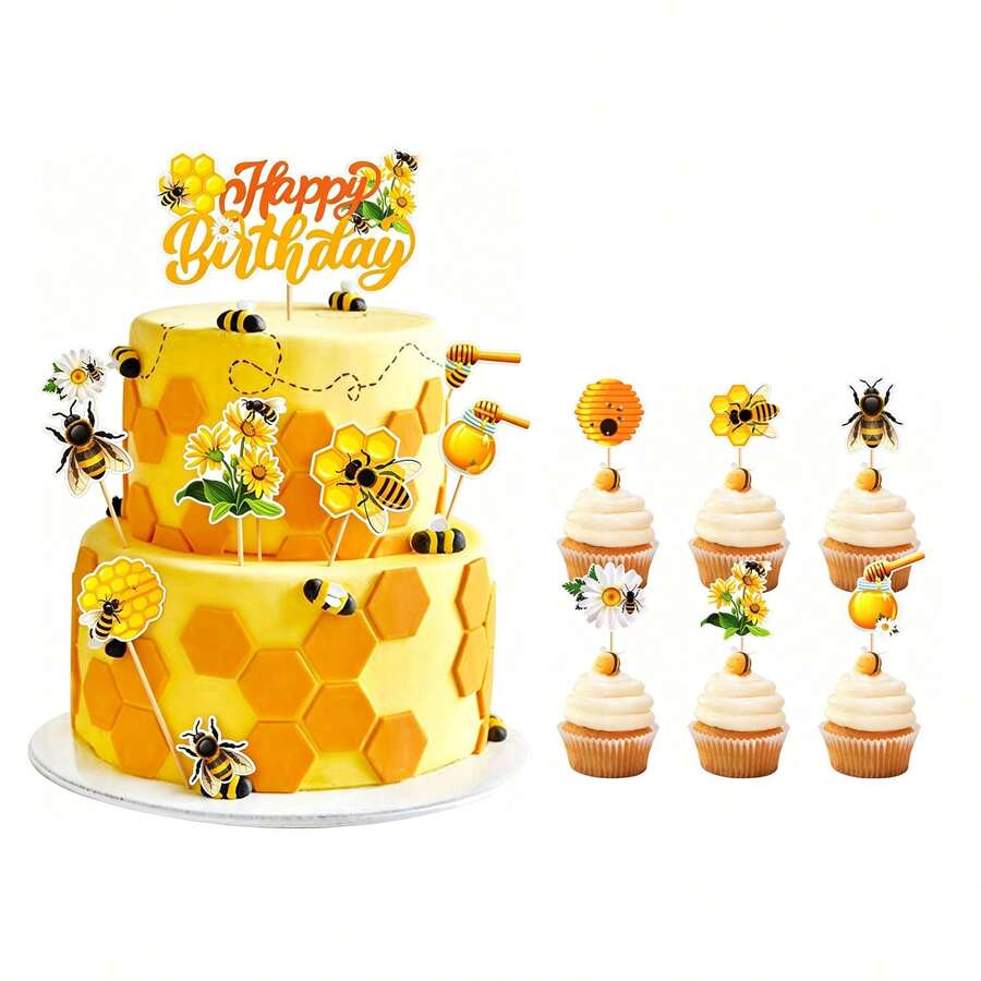 7pcs Bee & Daisy Happy Birthday Cake Toppers, DIY Bee Cupcake Decorations, Suitable For Bee Theme Birthday Party, Baptism Party, Gender Reveal Party And Anniversary Party Cake Decoration - Multicolor - View 1