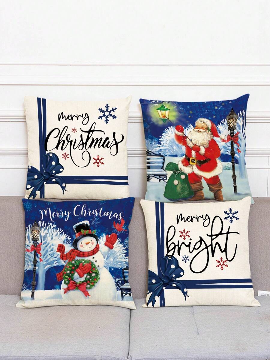 1/4pcs Linen Printed Square Throw Pillow Covers, Christmas Cartoon Character Pattern Pillow Covers (Pillow Insert Not Included), Skin-Friendly Material, Bedding, Suitable For Daily Living Room, Bedroom, Sofa, Car, All-Season Pillow Covers, Holiday Gift - Multicolor - View 1