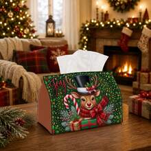 1pc Vintage Holiday Tissue Box | Multi-Functional Christmas Napkin Holder, Suitable For Home, Christmas Car Decor, Reindeer Top Hat Candy Cane Font - Seasonal Decorative Tissue Box For Living Room - Multicolor - View 4