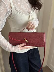 Women's Vintage Minimalist Faux Woven Texture Angora Red Retro Flap Lock Large Capacity Clutch Bag - Red - View 3