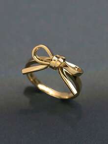 18K Gold Plated Bow Ring, Minimalist Elegant Adjustable Open Gold Ring, Women's Daily Party Wear, Exquisite Jewelry - Gold - View 1