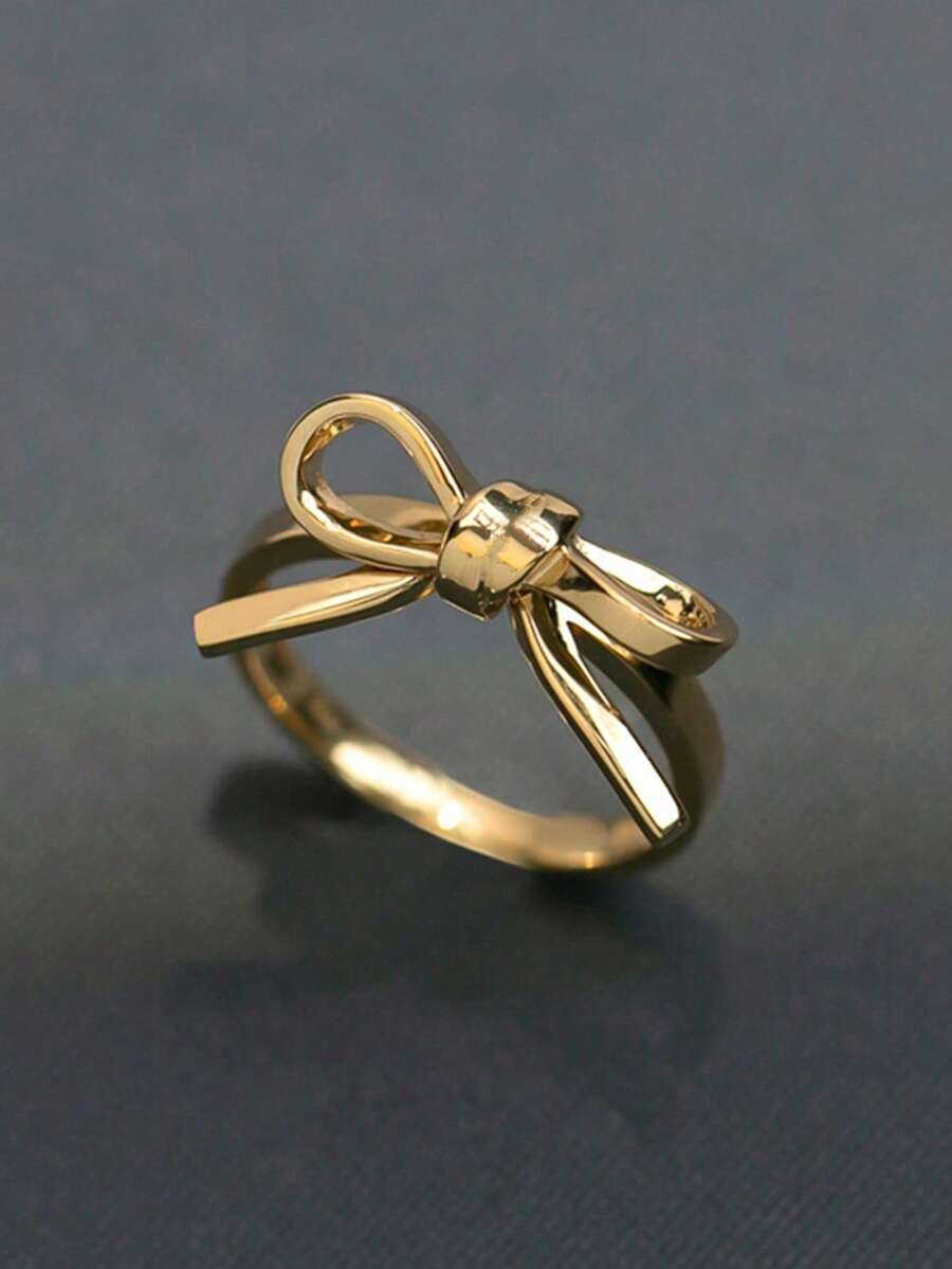 18K Gold Plated Bow Ring, Minimalist Elegant Adjustable Open Gold Ring, Women's Daily Party Wear, Exquisite Jewelry - Gold - View 1