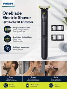 Philips OneBlade Electric Shaver QP1424/10 Trimmer For Acne-Prone Sensitive Skin 1-3mm Styling Comb Dual-Sided Flexible Blade Smooth Coating Rounded Blade Tip IPX7 Waterproof - Multicolor - View 1