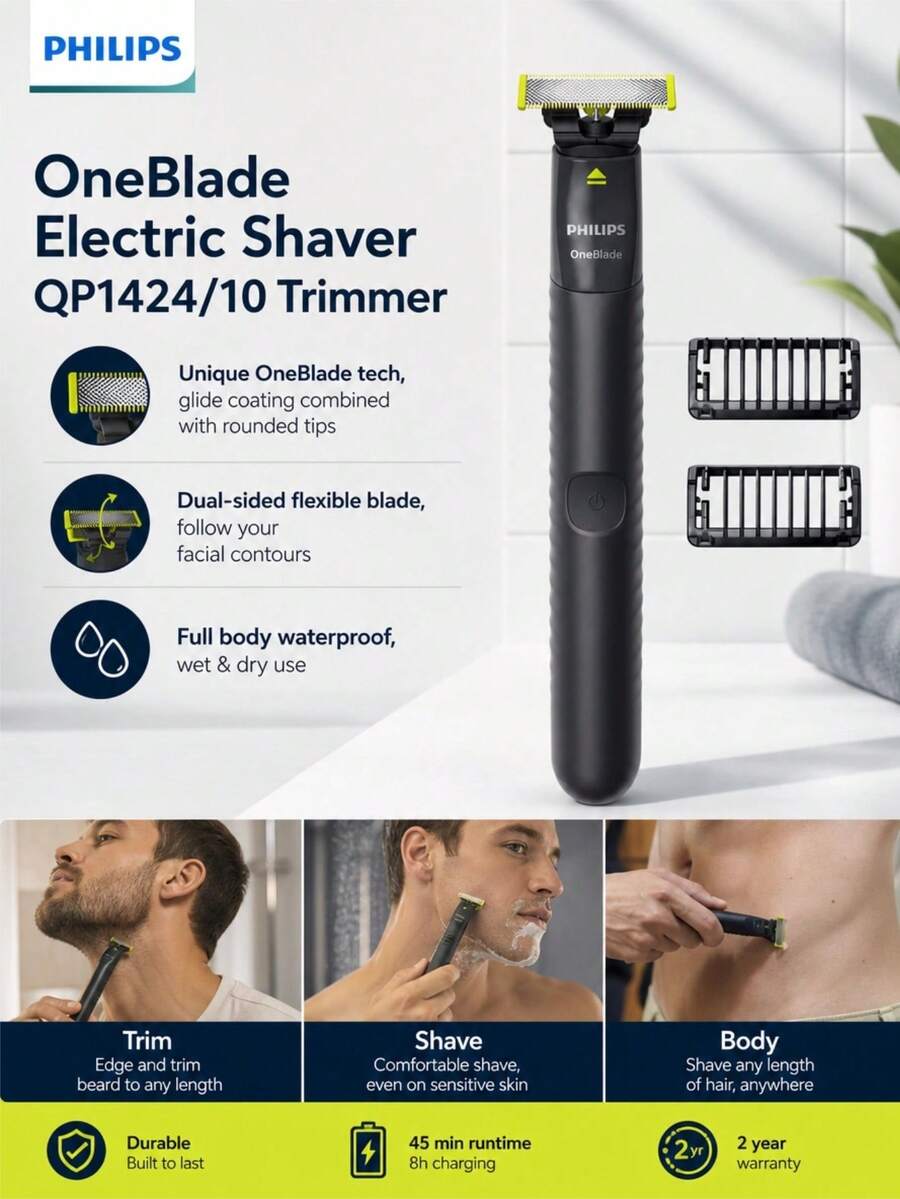 Philips OneBlade Electric Shaver QP1424/10 Trimmer For Acne-Prone Sensitive Skin 1-3mm Styling Comb Dual-Sided Flexible Blade Smooth Coating Rounded Blade Tip IPX7 Waterproof - Multicolor - View 1