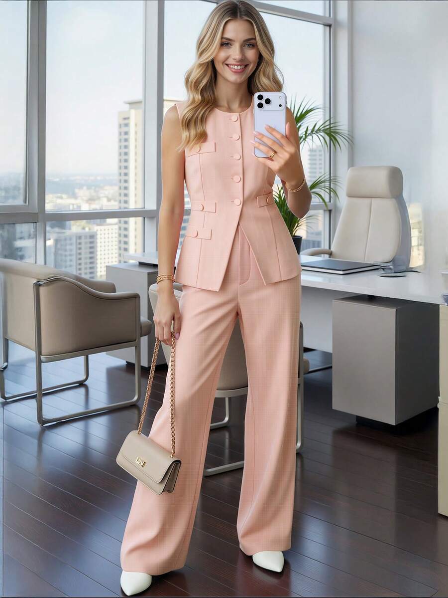 HOMEYEE Women's Fashion Pink Sleeveless Button Decor Tank Top & Wide Leg Pants Set, Elegant Commuter Outfit - Pink - View 1