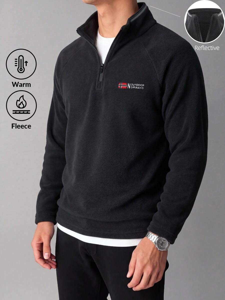 Men's Fleece Sweatshirt, Autumn/Winter Stand Collar Half-Zip, Embroidered Decor, Soft Warm Outdoor Hiking Fleece - Black - View 1