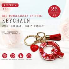 Pomegranate Style 26 Letter Keychain, Red Resin Key Chain With Heart Decoration, Tassel Crystal Bag Charm Pendant - Multicolor - View 2