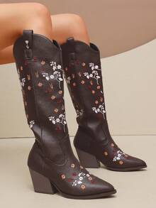 planare New Women's Popular Fashion Retro Western Style With Embroidered Floral Design Slip-On Pointed Toe Chunky Heel Brown Mid-Calf Boots - Brown - View 6
