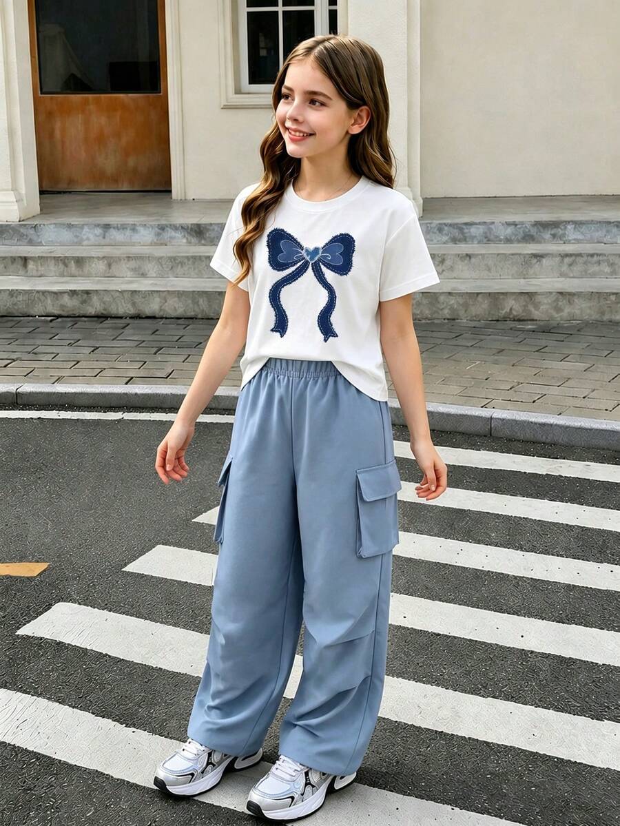 Tween Girl Bow Print Warm Crew Neck Sweatshirt And Cargo Pants Set - White - View 1