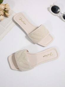 Women's Flat Sandals, Square Toe One-Strap Slides, Solid Color Fashion PU Leather Pearl Decor, Indoor Summer Wear - White - View 3