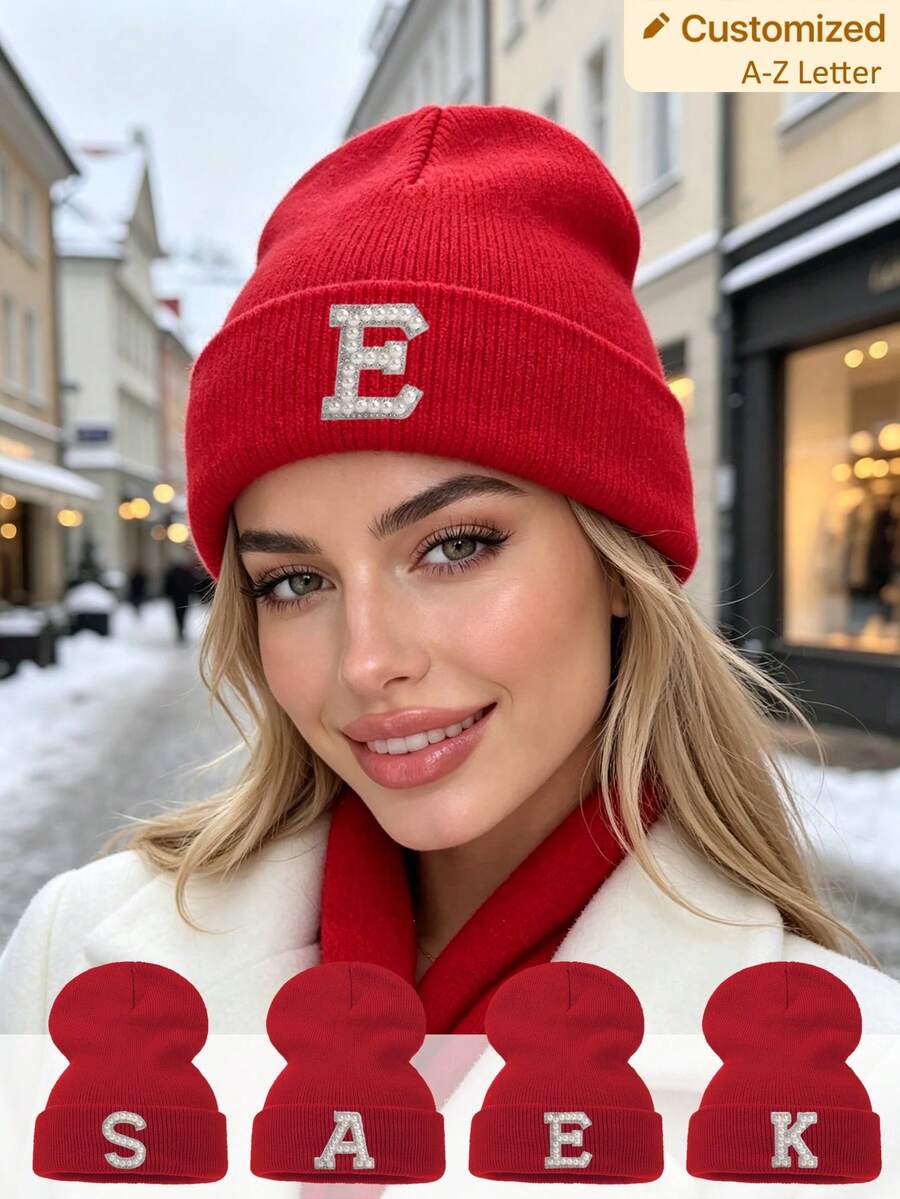 1pc Adult Women Red Bling Pearl Rhinestone Letter Beanie, Stylish Custom A‑Z Initial Cuffed Skull Hat, Elastic Fashionable Solid Color Winter Cap - Red - View 1