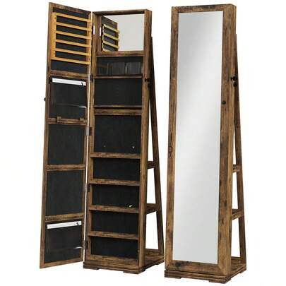 360° Swivel Jewellery Cabinet, Standing Full Length Mirror With Storage, Lockable Jewellery Organiser With Built-In Makeup Mirror And Storage Shelves Bedroom, Rustic Brown