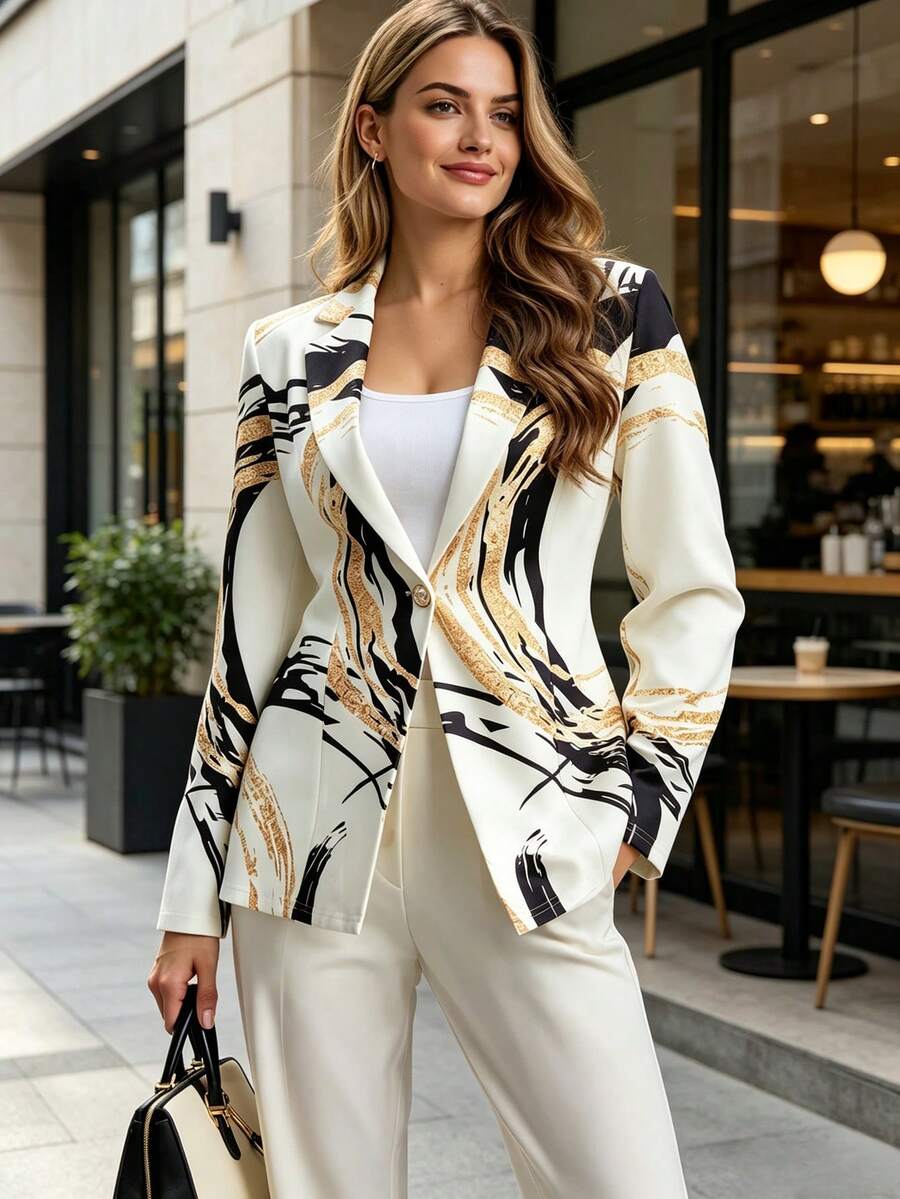 HOMEYEE Elegant Women's Knitted Long Sleeve Regular Blazer, Abstract Gold Print, Suitable For Autumn And Luxury Outfits - White - View 1