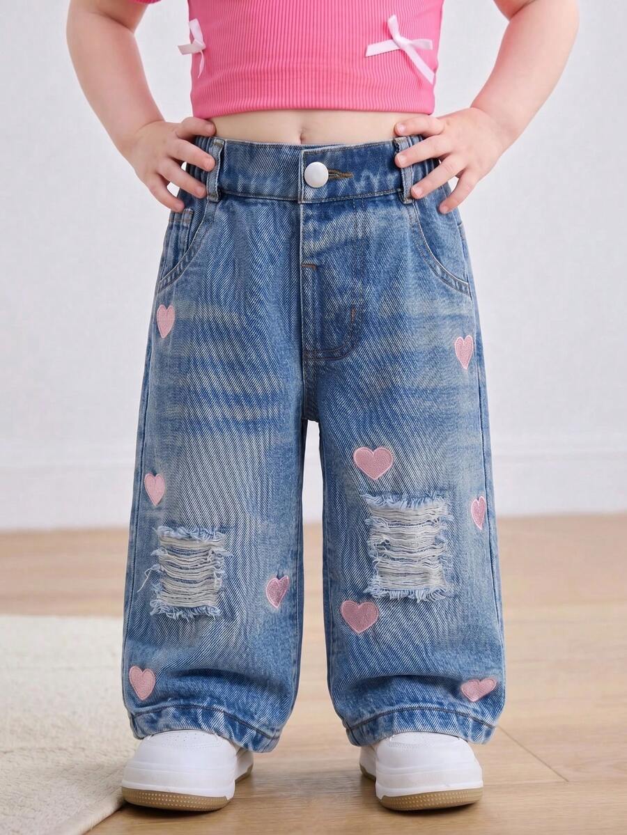 Baby Girl Denim Long Pants, All Season Casual Cute Mid-Blue Distressed Washed Ripped Distressed Frayed Hem Pink Heart Embroidery Elastic Waist Loose Wide Leg Comfortable Soft Premium Cotton Denim Fabric - Medium Wash - View 1