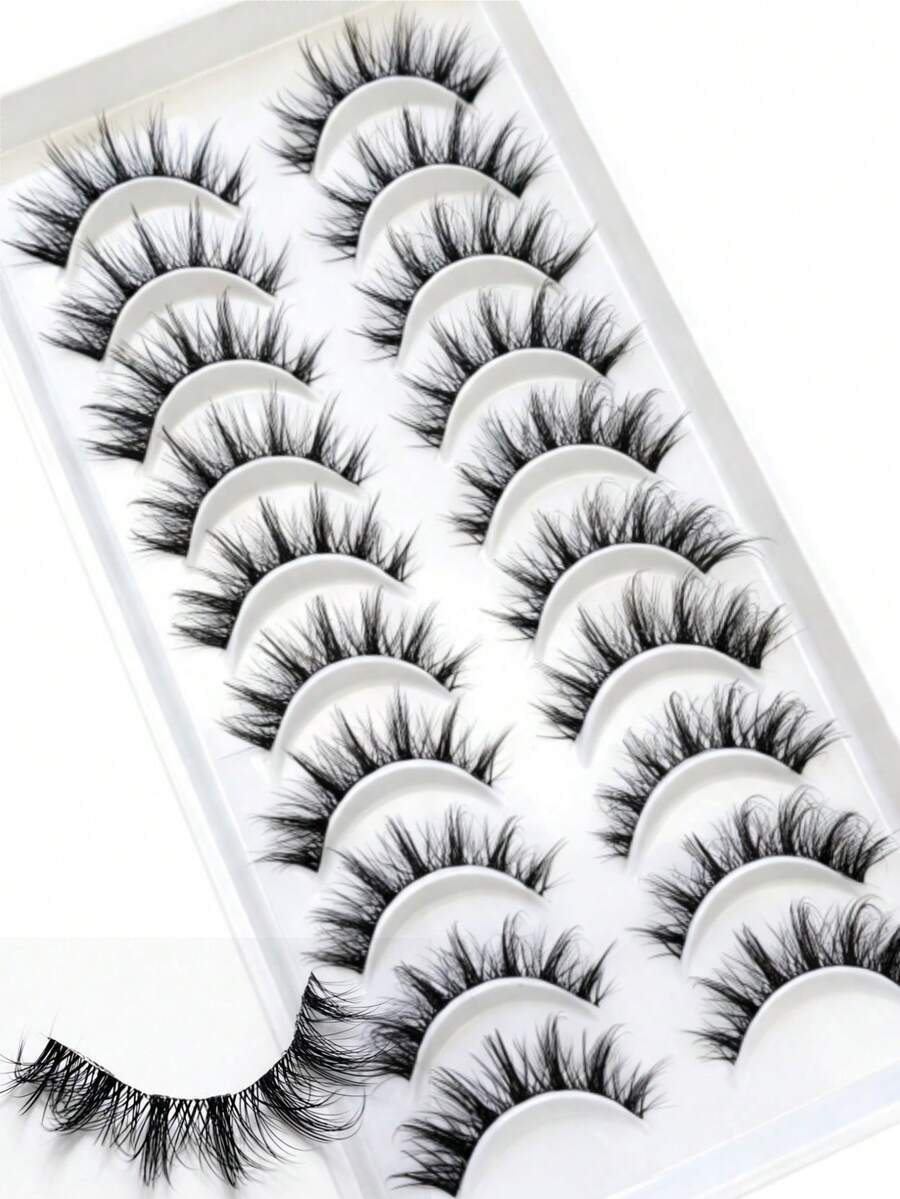 10 Pairs Fox Eye Full Strip False Eyelashes, Flared Cat Eye Design, Thickened And Extended Ends, Suitable For Daily Party Women's Makeup Eyelash Extensions - Black - View 1