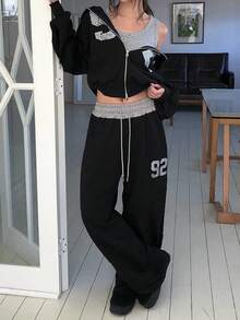 Vintage Digital Print Drawstring Waist Distressed Sweatpants - Black - View 7