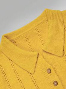 DONICY Women Elegant Outfit Autumn Winter Polo Collar Knit Cardigan, Vertical Stripe Slim Short Button Down Long Sleeve Top - Mustard Yellow - View 5
