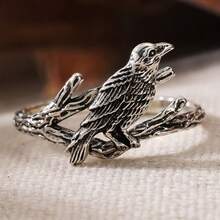 Gmzalx Vintage Textured Branch Raven Women's Ring, Unique Gothic Style Animal Ring, Suitable For Daily Wear, Theme Party, Holiday Gift - Antique Silver - View 4