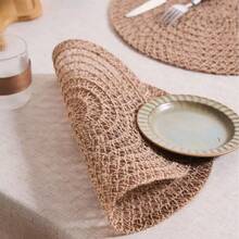 1/4/6/12pcs Bohemian Style Solid Color Woven Round Placemats, Dining Table Decor, Home Party Table Setting, Home Decoration, Christmas Decor, Halloween Decor, Thanksgiving, Back To School, Valentine's Day, Party - Mocha Brown - View 3