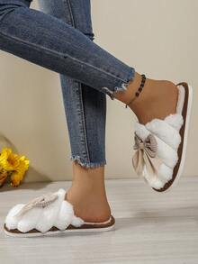Autumn/Winter Atmosphere Bowknot Decor Slippers Women's Simple Versatile Home Fluffy Plush Lining Fluffy Plush Lining Fur Slippers - Brown - View 4