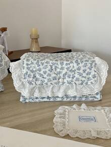 Cream White Base Blue Floral Quilted Storage Basket, Available In Multiple Sizes, Lace Ruffle Flap Design, Fabric Organizer Bin For Vanity Cosmetics - View 6