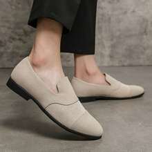 Men's Beige Suede Loafers With Round Toe, Horizontal Woven Strap Patchwork, Slip-On Low Heel, Structured Silhouette, Crisp Design, Formal Suit Wedding Banquet Shoes - Beige - View 10