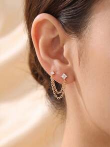 2pcs Cubic Zirconia Decor Chain Pendant Stud Earrings, Hypoallergenic Jewelry Gift For Women - Gold - View 2