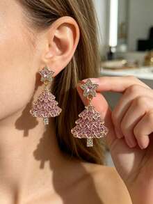 1 Pair Christmas Tree & Pentagram Fashion Earrings, Suitable For Women's Daily Commute - Pink - View 6