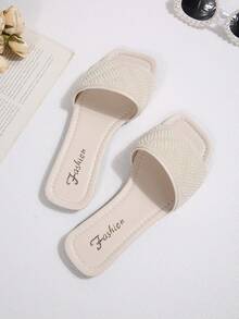 Women's Flat Sandals, Square Toe One-Strap Slides, Solid Color Fashion PU Leather Pearl Decor, Indoor Summer Wear - White - View 4
