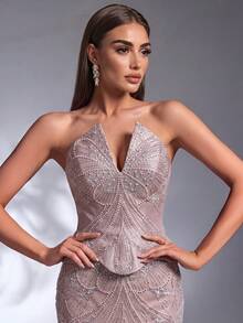 IBTRLY Elegant & Lively Lotus Pink Luxury Beaded Fabric Patchwork Satin Ruffle Trim Formal Evening Gown For Party, Birthday, Bachelorette, Wedding, Graduation, Homecoming, Prom, Ceremony, Red Carpet, Holiday (Intricate Design) - Dusty Pink - View 1