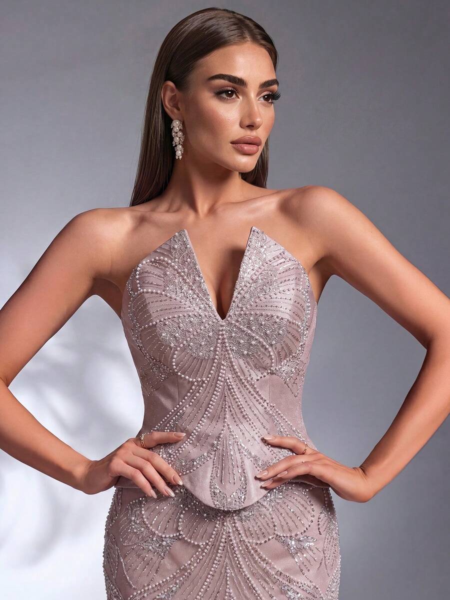 IBTRLY Elegant & Lively Lotus Pink Luxury Beaded Fabric Patchwork Satin Ruffle Trim Formal Evening Gown For Party, Birthday, Bachelorette, Wedding, Graduation, Homecoming, Prom, Ceremony, Red Carpet, Holiday (Intricate Design) - Dusty Pink - View 1