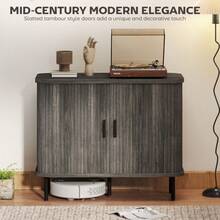 Mid-Modern Sideboard Storage Cabinet With Slatted Tambour Sliding, Kitchen Cabinet With Steel, On-Site - Grey + Engineered Wood - View 3