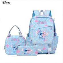 Miniso Disney Stitch And Angel Cartoon Cute Design Blue And Pink Print Backpack 3-Piece Set, Includes Insulated Bag And Pencil Case, Multi-Functional Backpack For Daily Organization, Work And Study - Color 1 - View 3
