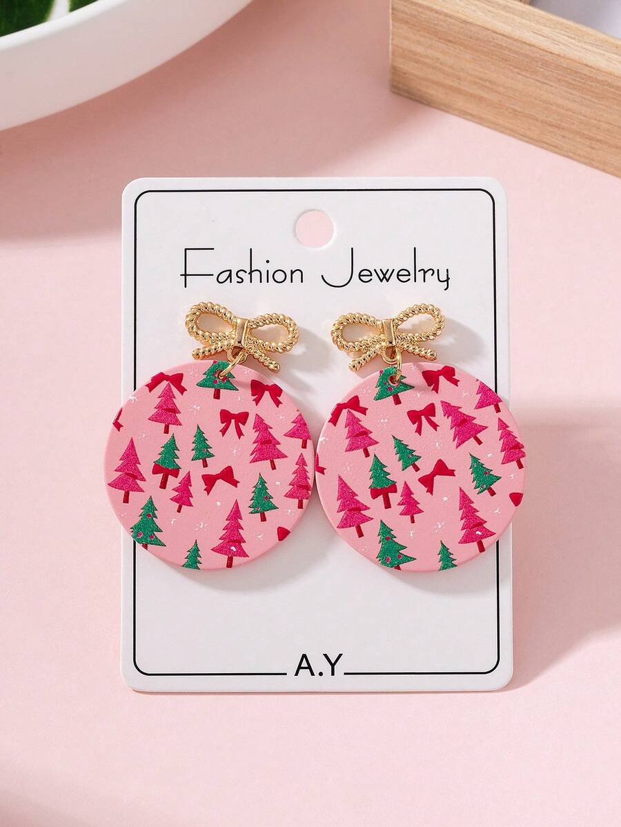 1 Pair Christmas Bow & Christmas Tree Print Enamel Design Women's Fashion Jewelry Earrings, Perfect Gift For Party - Multicolor - View 1