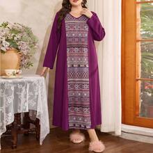 Plus Size Woven Fabric Loose Fit Casual Home Wear Dress, Autumn - Multicolor - View 6