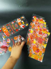 50pcs Thanksgiving Maple Leaf Bread Fox Pattern Gift Packaging Flat Bags, With Gold Twist Ties, Thanksgiving Theme Party Gift Packaging Transparent OPP Bags - W-Yellow - View 4
