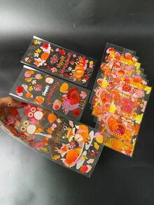 50pcs Thanksgiving Maple Leaf Bread Fox Pattern Gift Packaging Flat Bags, With Gold Twist Ties, Thanksgiving Theme Party Gift Packaging Transparent OPP Bags - W-Yellow - View 5
