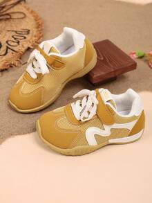 1 Pair Yellow Mesh Breathable Soft Sole Anti-Slip Colorblock Lace-Up & Hook-And-Loop Casual Sports Shoes For Daily Wear, Travel, Vacation, Home, Party, Outdoor, Spring/Autumn New 2026 - Yellow - View 2